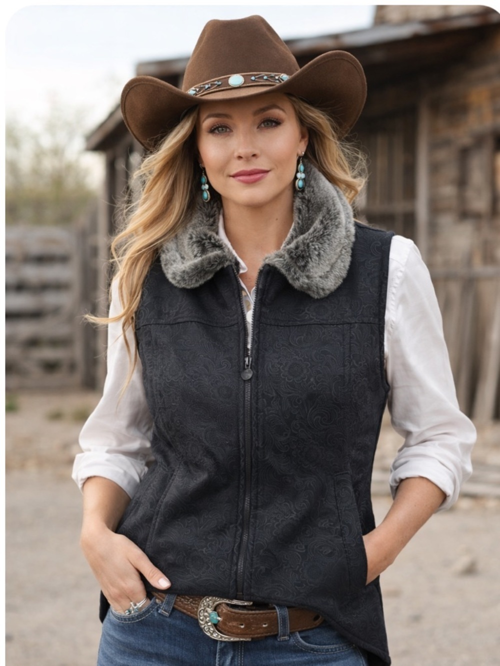 Faux Fur Collar Black Patterned Women's Vest Size Large